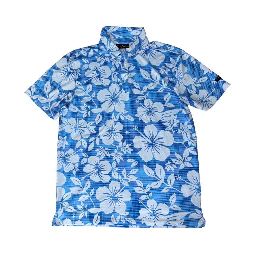 Yatta Golf Polo Shirt Mens Medium Floral Hibiscus‎ Performance Blue Relaxed Fit